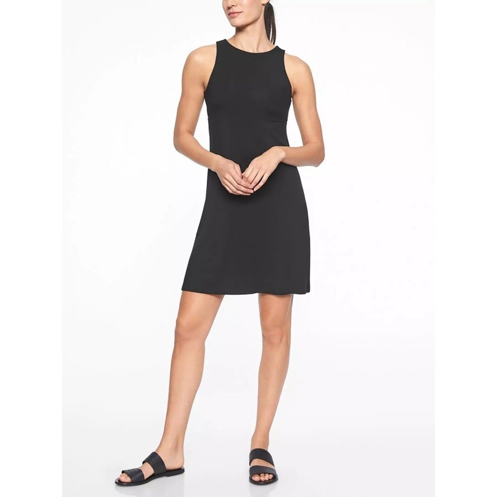 Athleta Santorini High Neck Dress Black Modal Stretch Sleeveless Mini Size  L‎